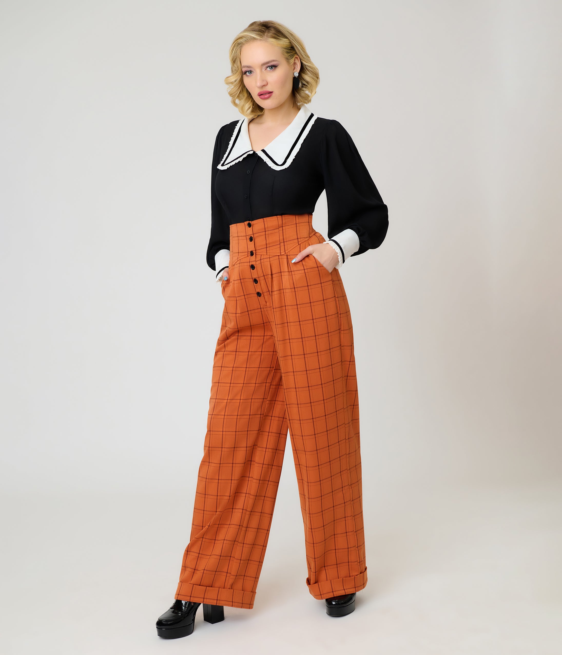 Unique Vintage Orange Windowpane Plaid High Waisted Trouser
