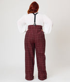 Unique Vintage Plus Size Burgundy Windowpane Thelma Suspender Pants