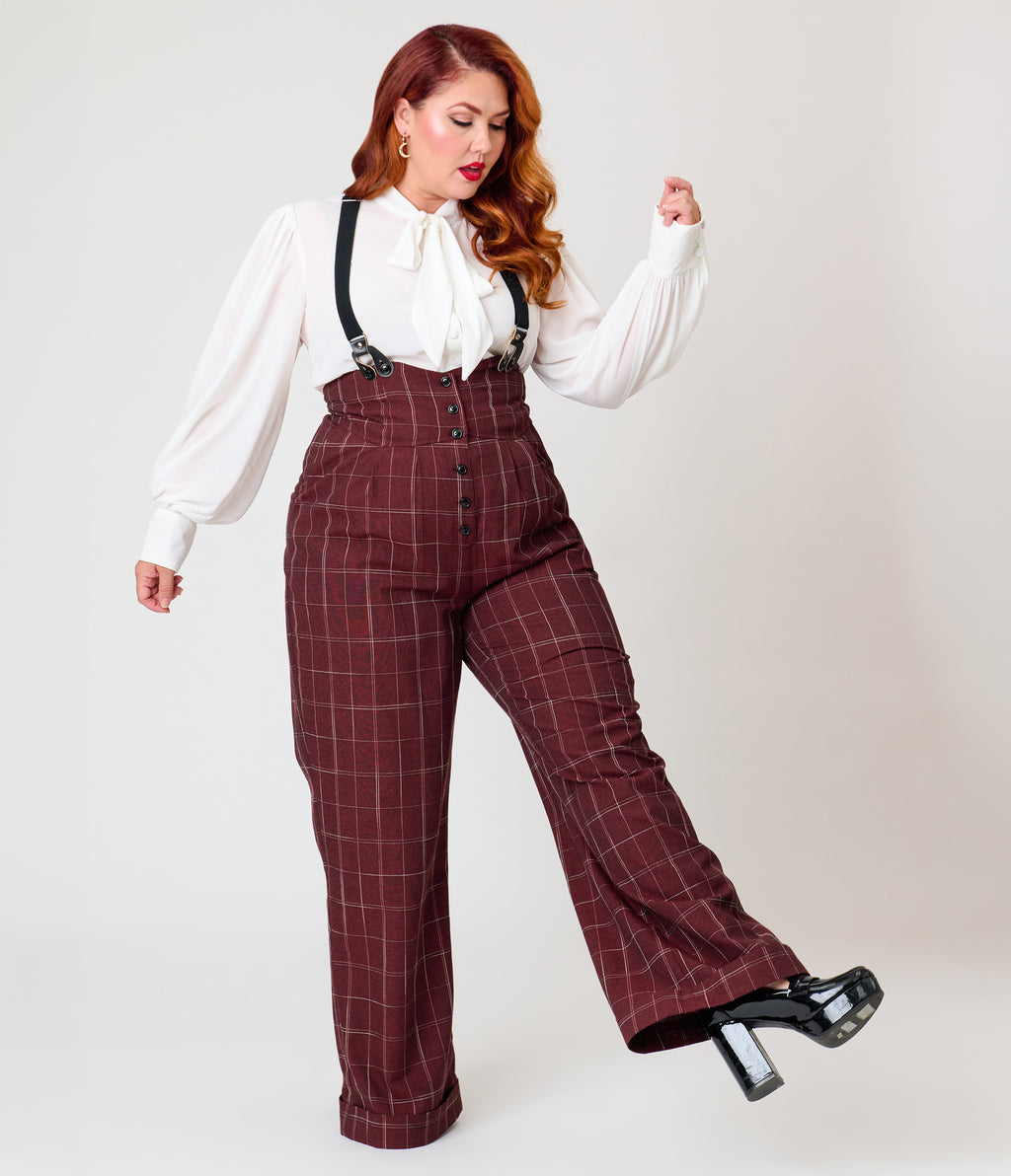 Unique Vintage Plus Size Burgundy Windowpane Thelma Suspender Pants