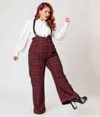 Unique Vintage Plus Size Burgundy Windowpane Thelma Suspender Pants