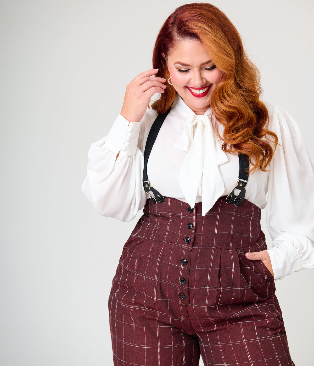 Unique Vintage Plus Size Burgundy Windowpane Thelma Suspender Pants