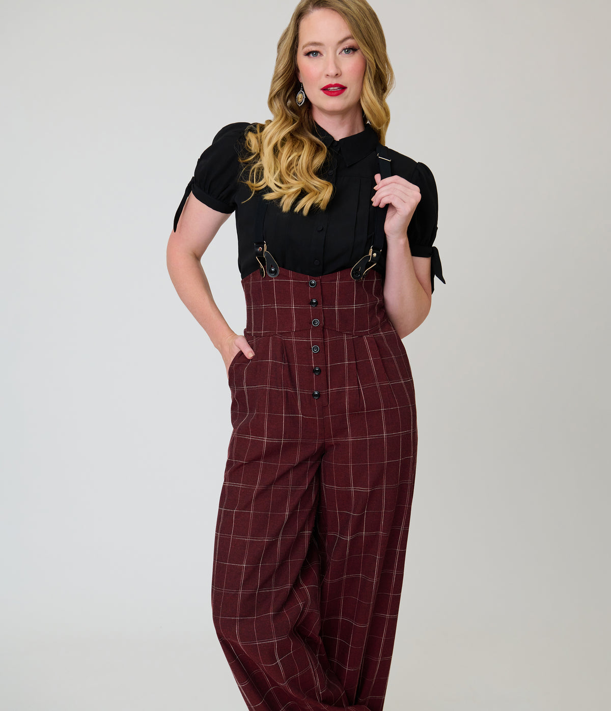Unique Vintage Burgundy Windowpane Thelma Suspender Pants