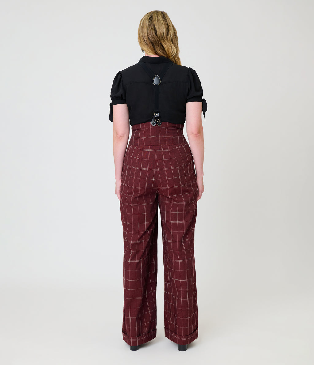 Unique Vintage Burgundy Windowpane Thelma Suspender Pants