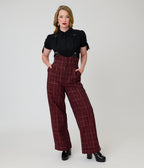 Unique Vintage Burgundy Windowpane Thelma Suspender Pants