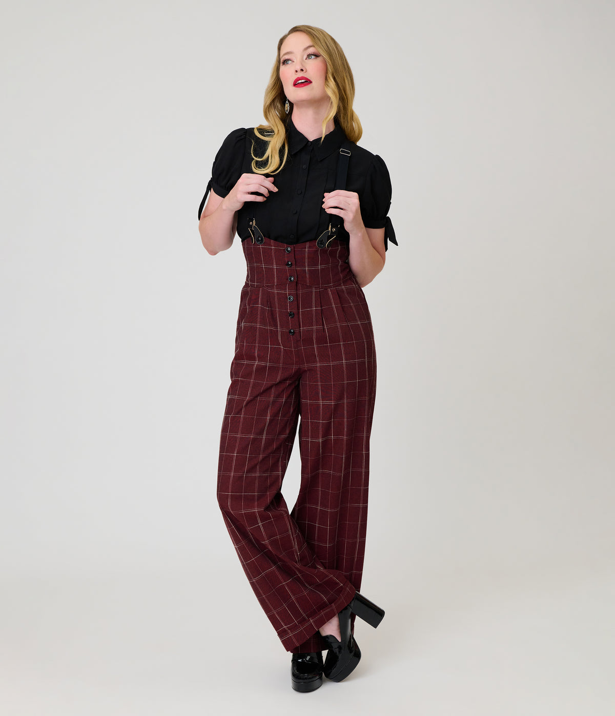 Unique Vintage Burgundy Windowpane Thelma Suspender Pants