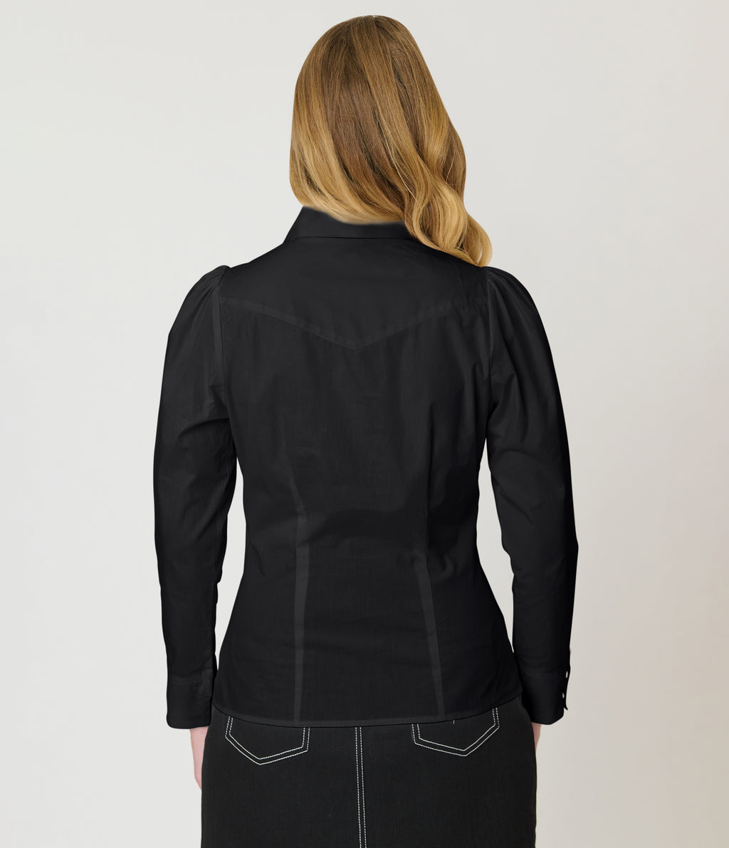 Unique Vintage Black Skull Embroidered Silver Collar Tipped Blouse
