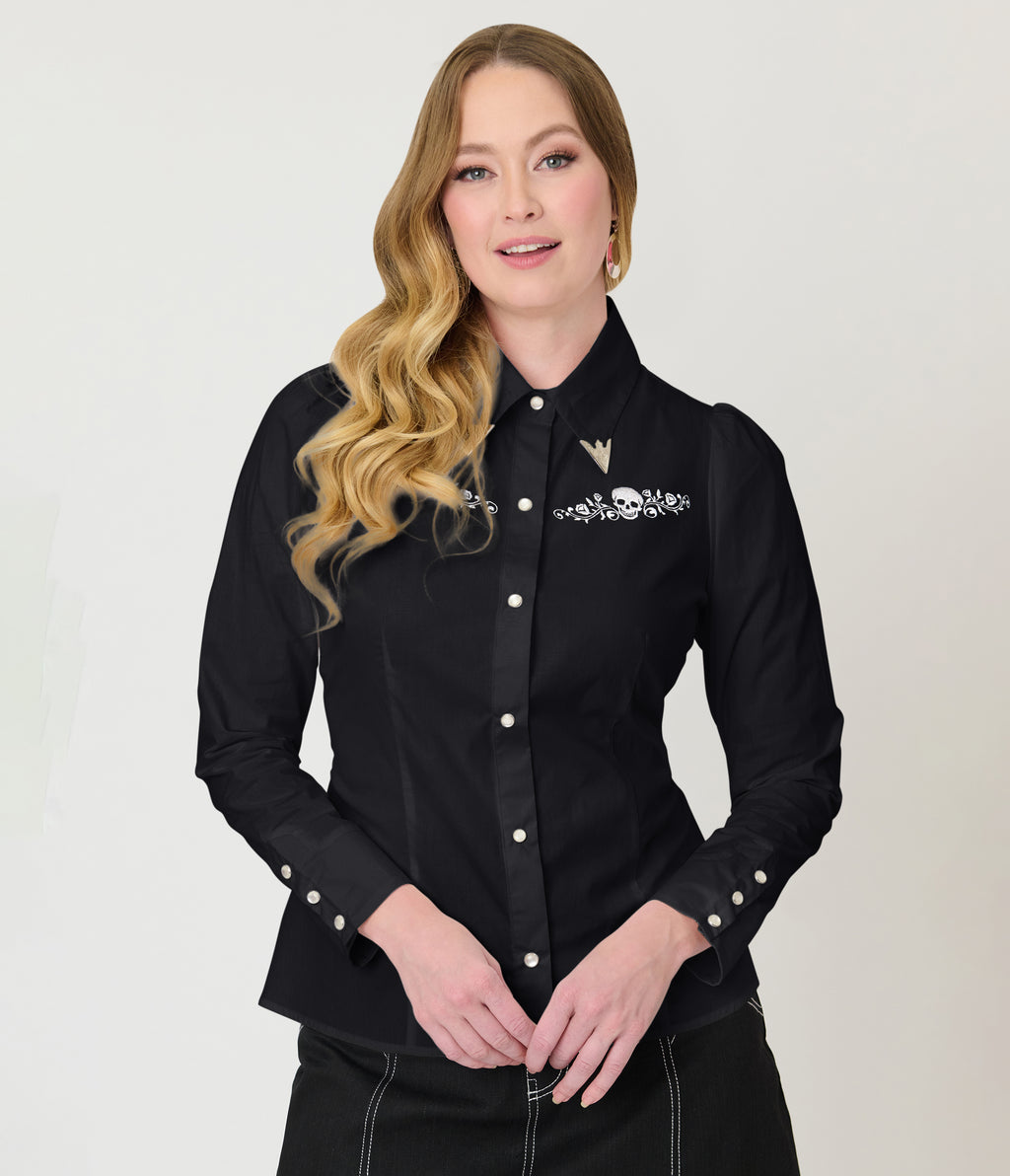 Unique Vintage Black Skull Embroidered Silver Collar Tipped Blouse