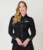 Unique Vintage Black Skull Embroidered Silver Collar Tipped Blouse