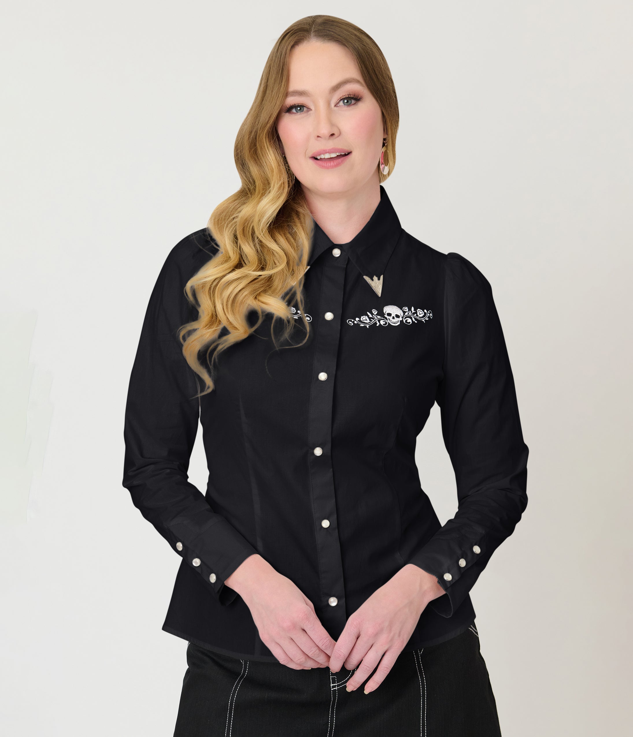 Unique Vintage Black Skull Embroidered Silver Collar Tipped Blouse
