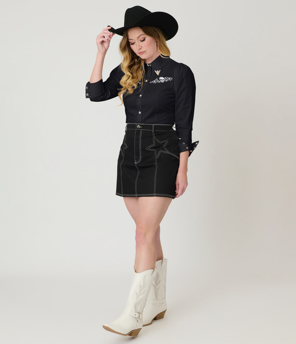 Unique Vintage Black Skull Embroidered Silver Collar Tipped Blouse