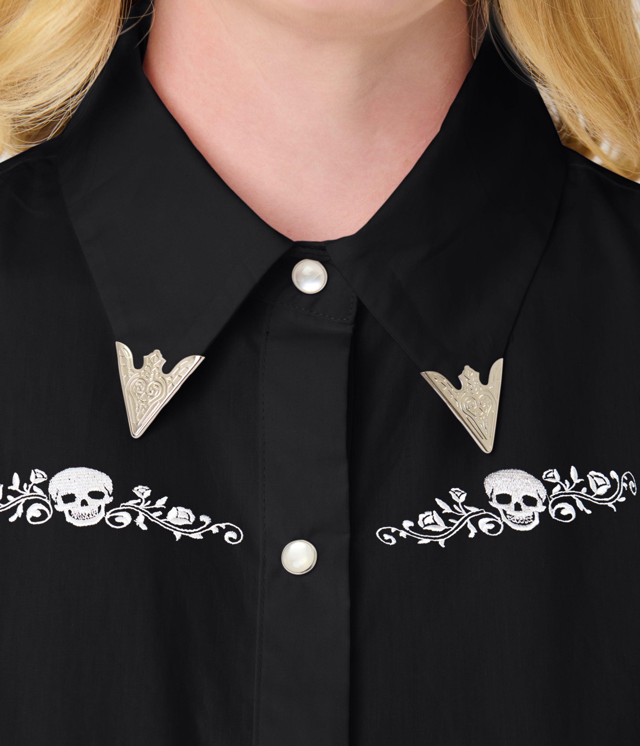Unique Vintage Black Skull Embroidered Silver Collar Tipped Blouse