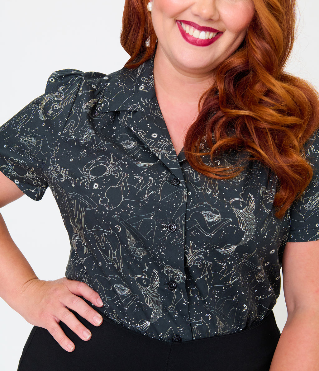Unique Vintage Plus Size Black Astrology Print Notched Collar Blouse