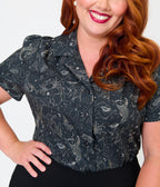 Unique Vintage Plus Size Black Astrology Print Notched Collar Blouse