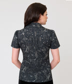 Unique Vintage Black Astrology Print Notched Collar Blouse