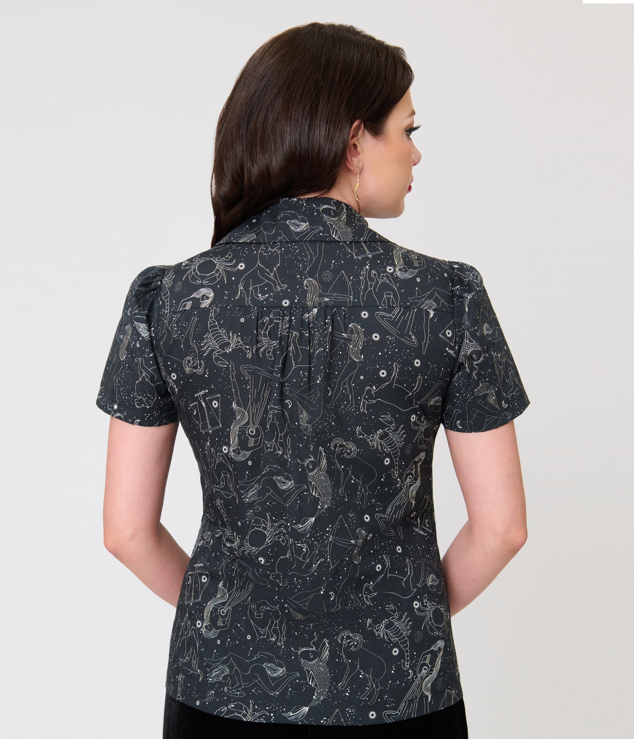 Unique Vintage Black Astrology Print Notched Collar Blouse