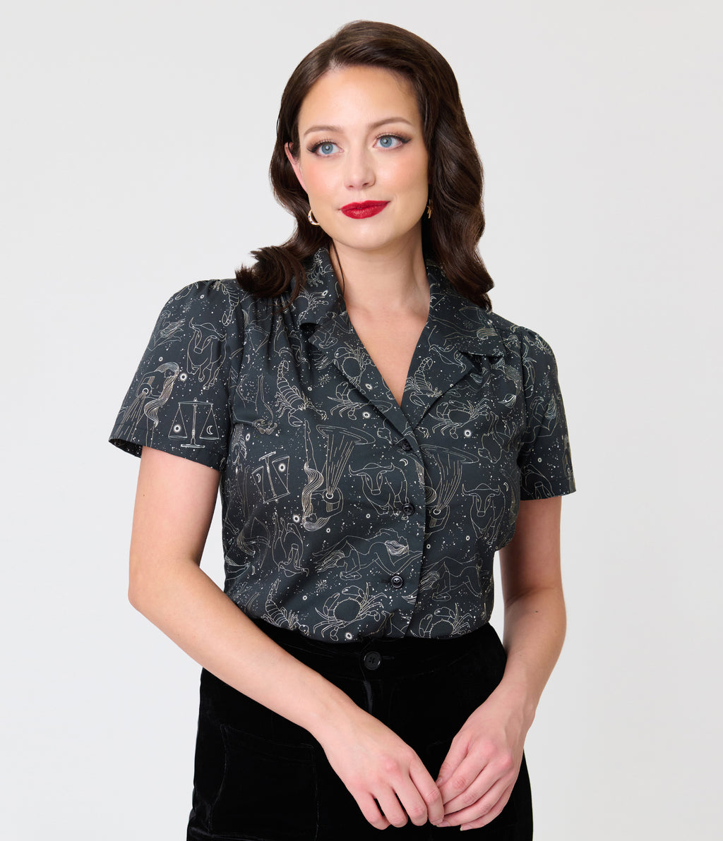 Unique Vintage Black Astrology Print Notched Collar Blouse
