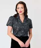 Unique Vintage Black Astrology Print Notched Collar Blouse