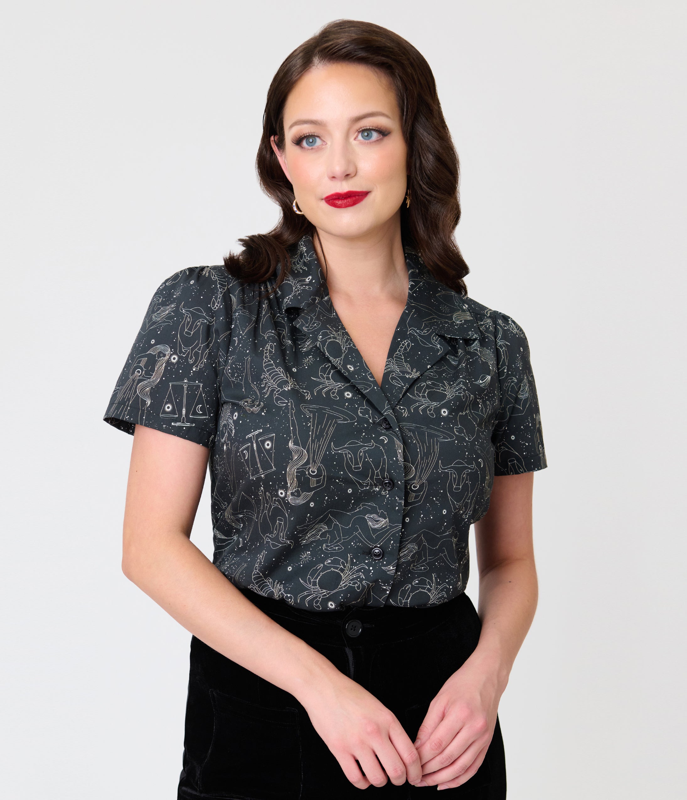 Unique Vintage Black Astrology Print Notched Collar Blouse