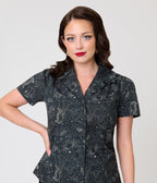 Unique Vintage Black Astrology Print Notched Collar Blouse