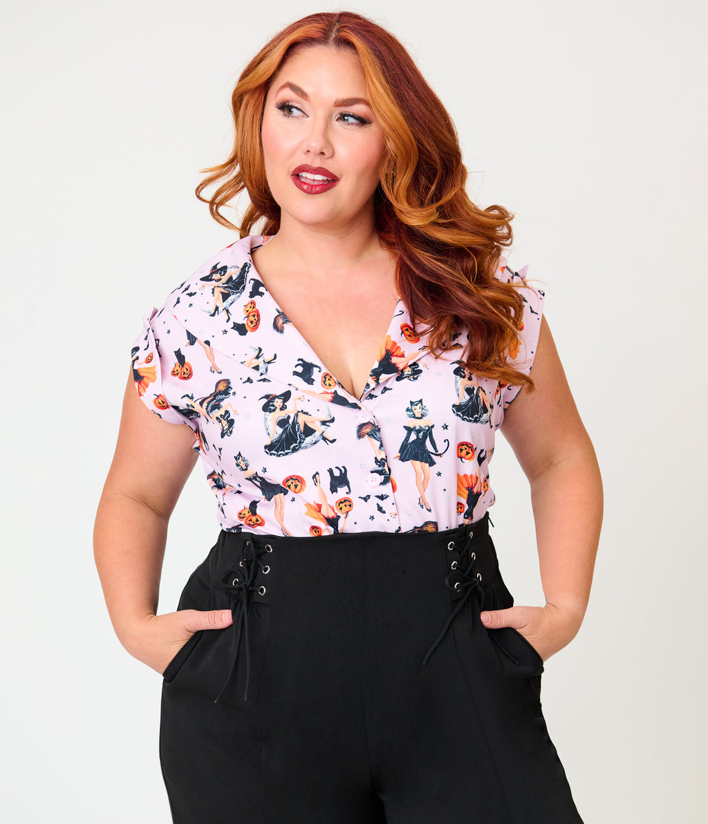 Unique Vintage Plus Size Lavender Pinup Witch Twill Sleeveless Blouse
