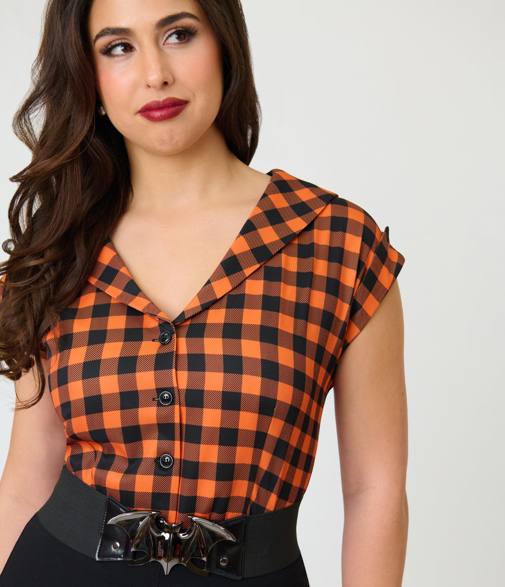 Unique Vintage Orange Gingham Twill Sleeveless Blouse