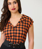 Unique Vintage Orange Gingham Twill Sleeveless Blouse