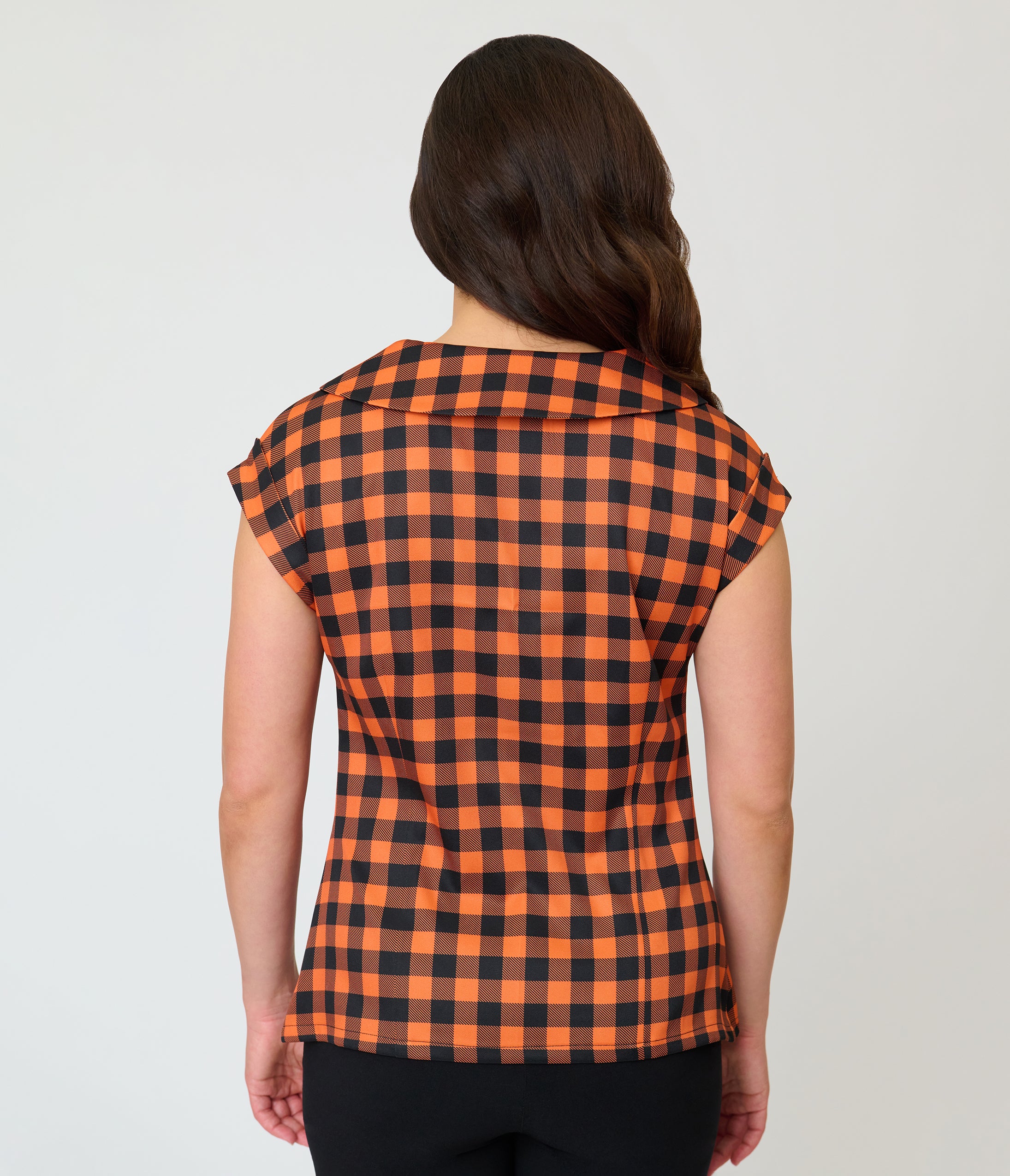 Unique Vintage Orange Gingham Twill Sleeveless Blouse