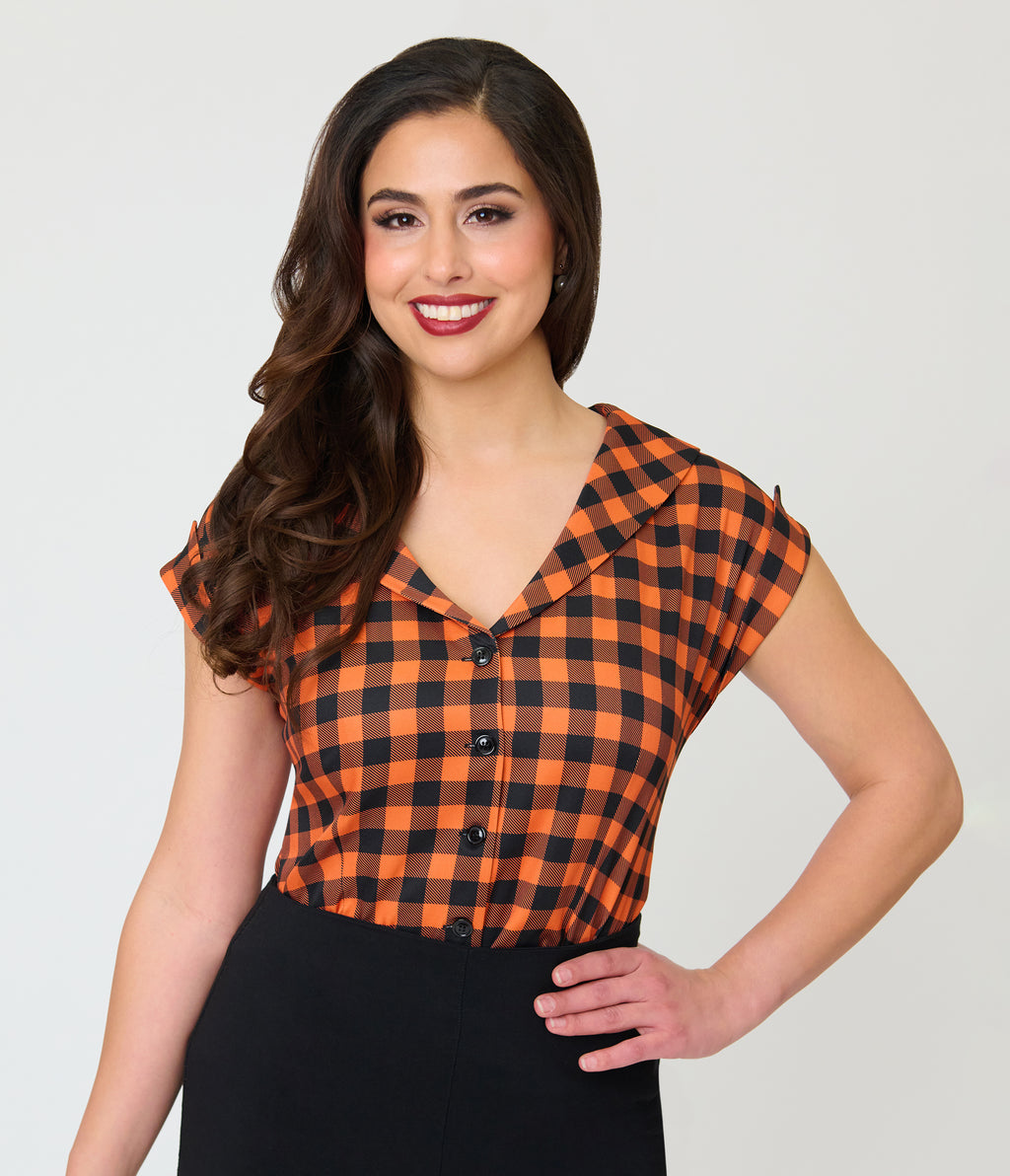 Unique Vintage Orange Gingham Twill Sleeveless Blouse