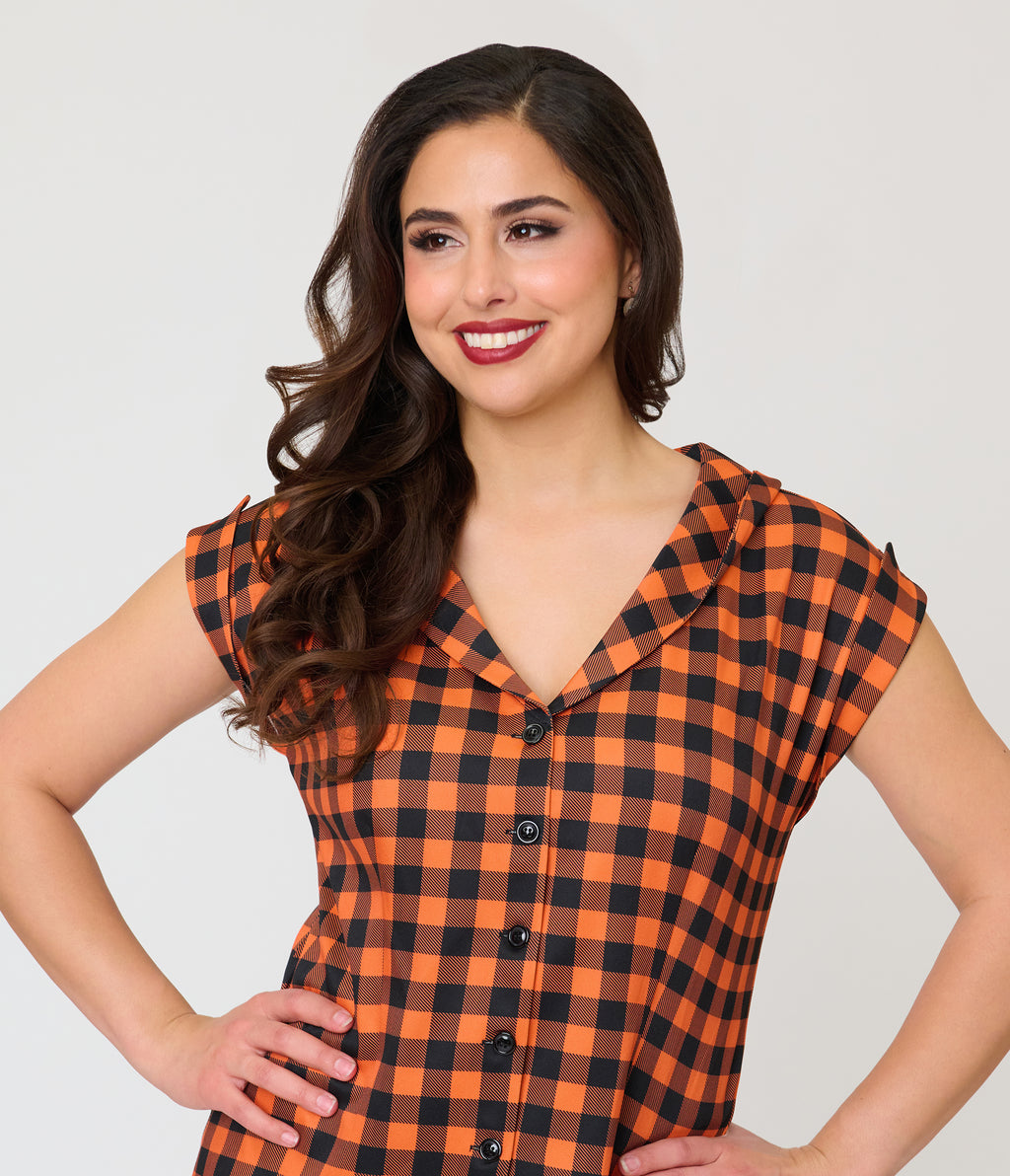 Unique Vintage Orange Gingham Twill Sleeveless Blouse