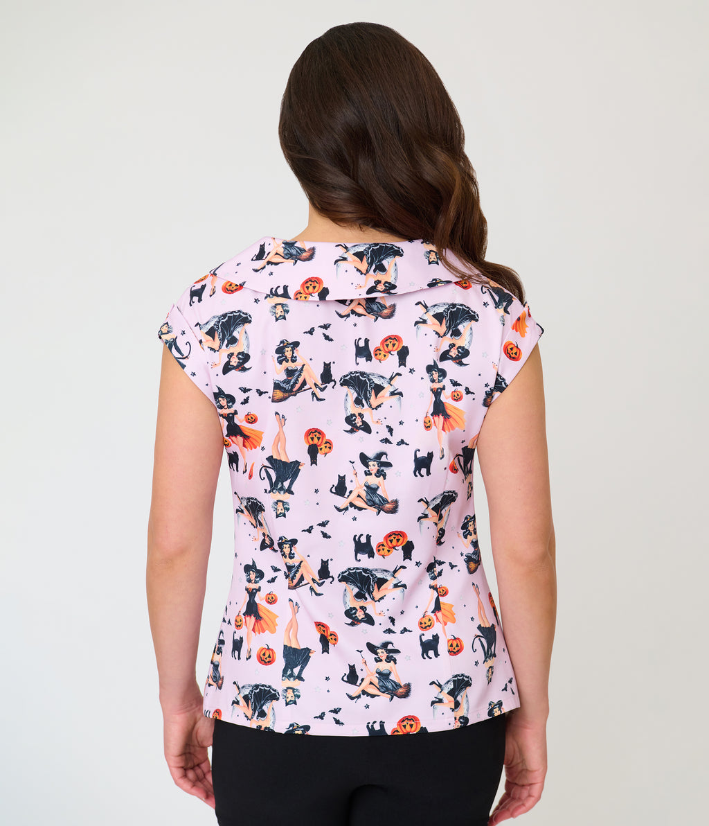 Unique Vintage Lavender Pinup Witch Twill Sleeveless Blouse