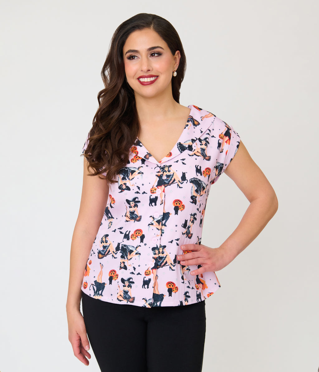Unique Vintage Lavender Pinup Witch Twill Sleeveless Blouse