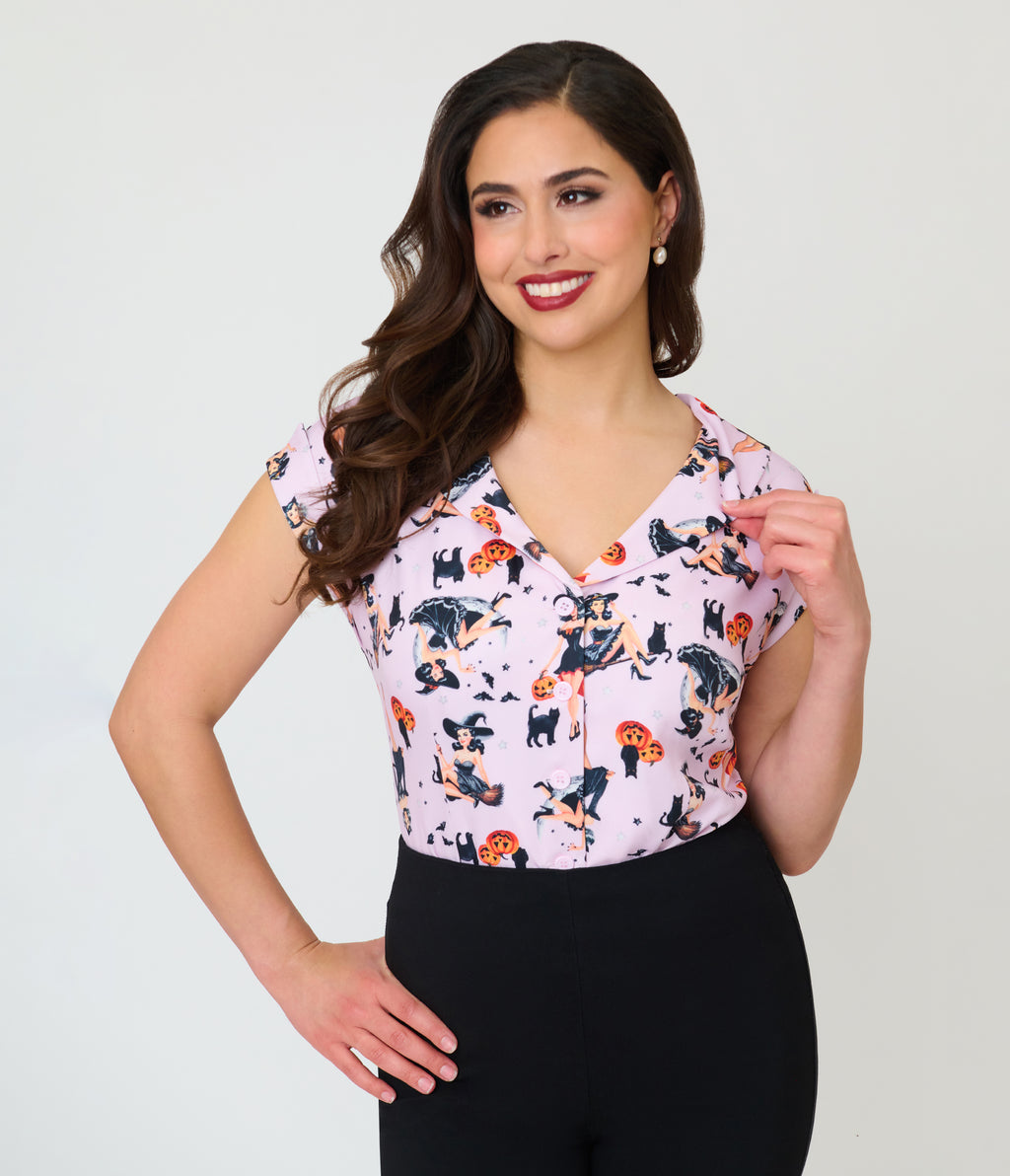 Unique Vintage Lavender Pinup Witch Twill Sleeveless Blouse