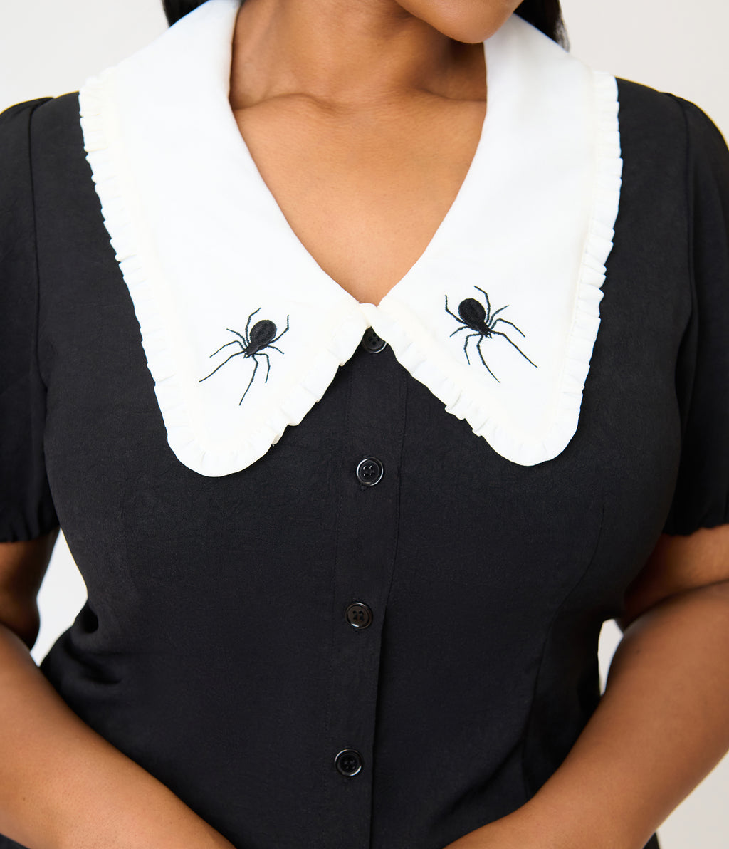Unique Vintage Plus Size Black Spider Embroidered Oversized Collar Blouse