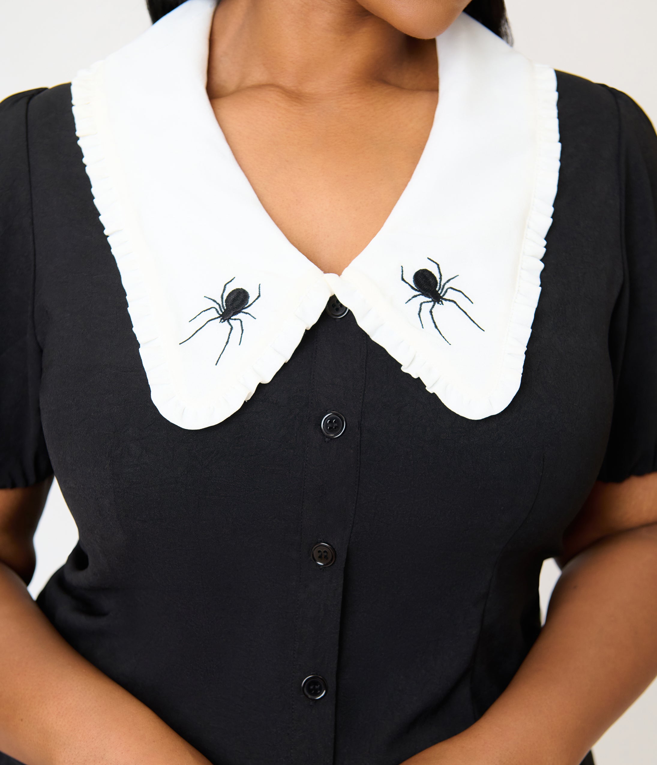 Unique Vintage Plus Size Black Spider Embroidered Oversized Collar Blouse