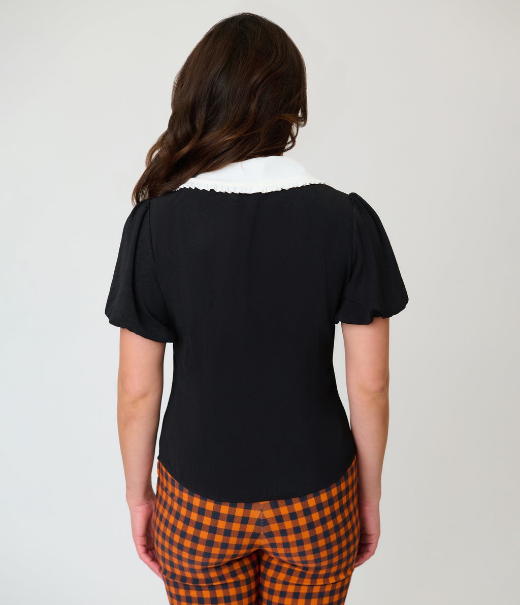 Unique Vintage Black Spider Embroidered Oversized Collar Blouse