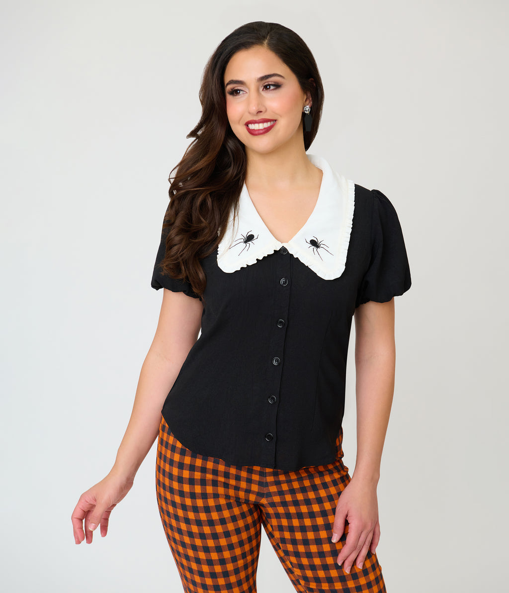 Unique Vintage Black Spider Embroidered Oversized Collar Blouse