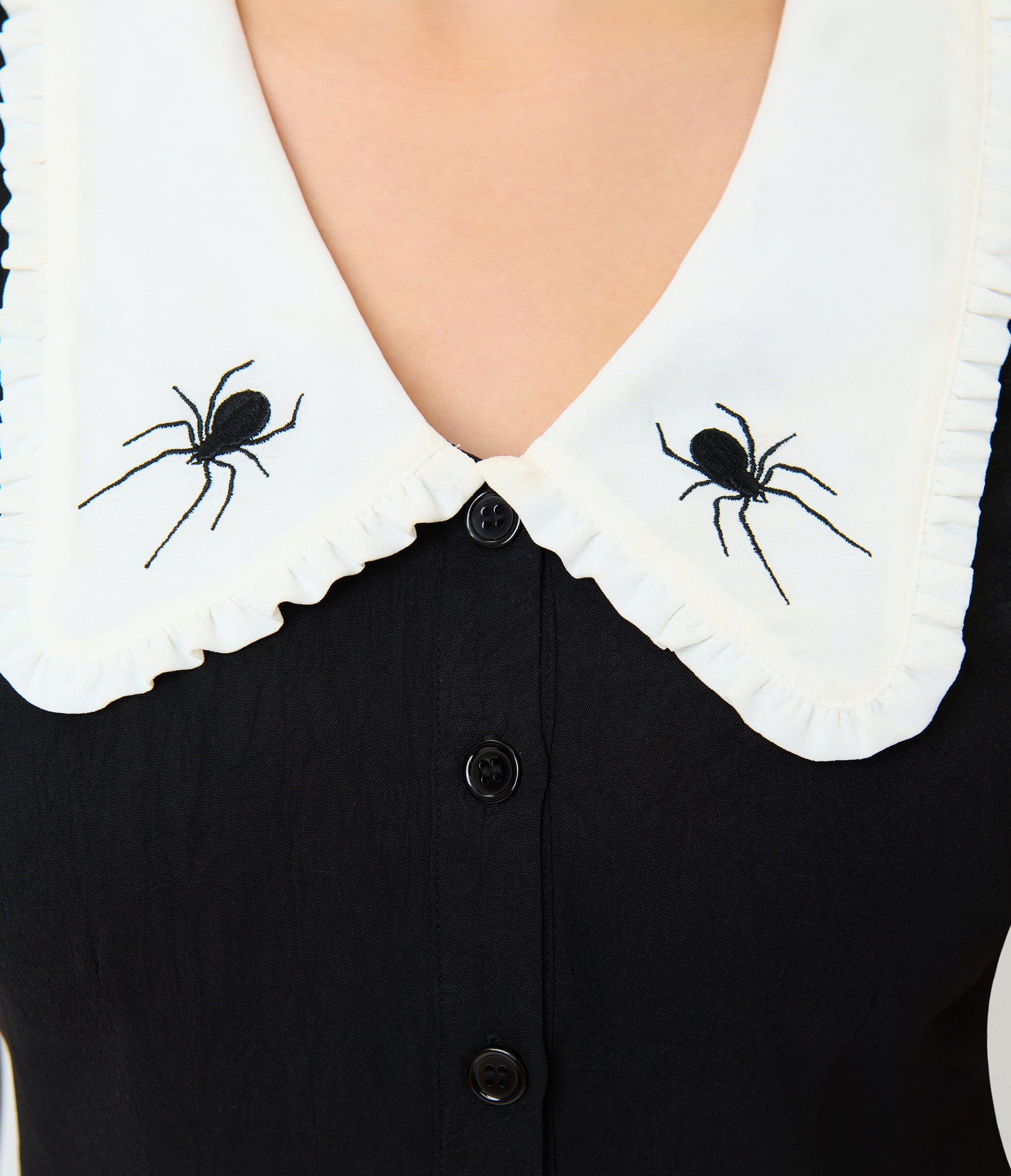 Unique Vintage Black Spider Embroidered Oversized Collar Blouse