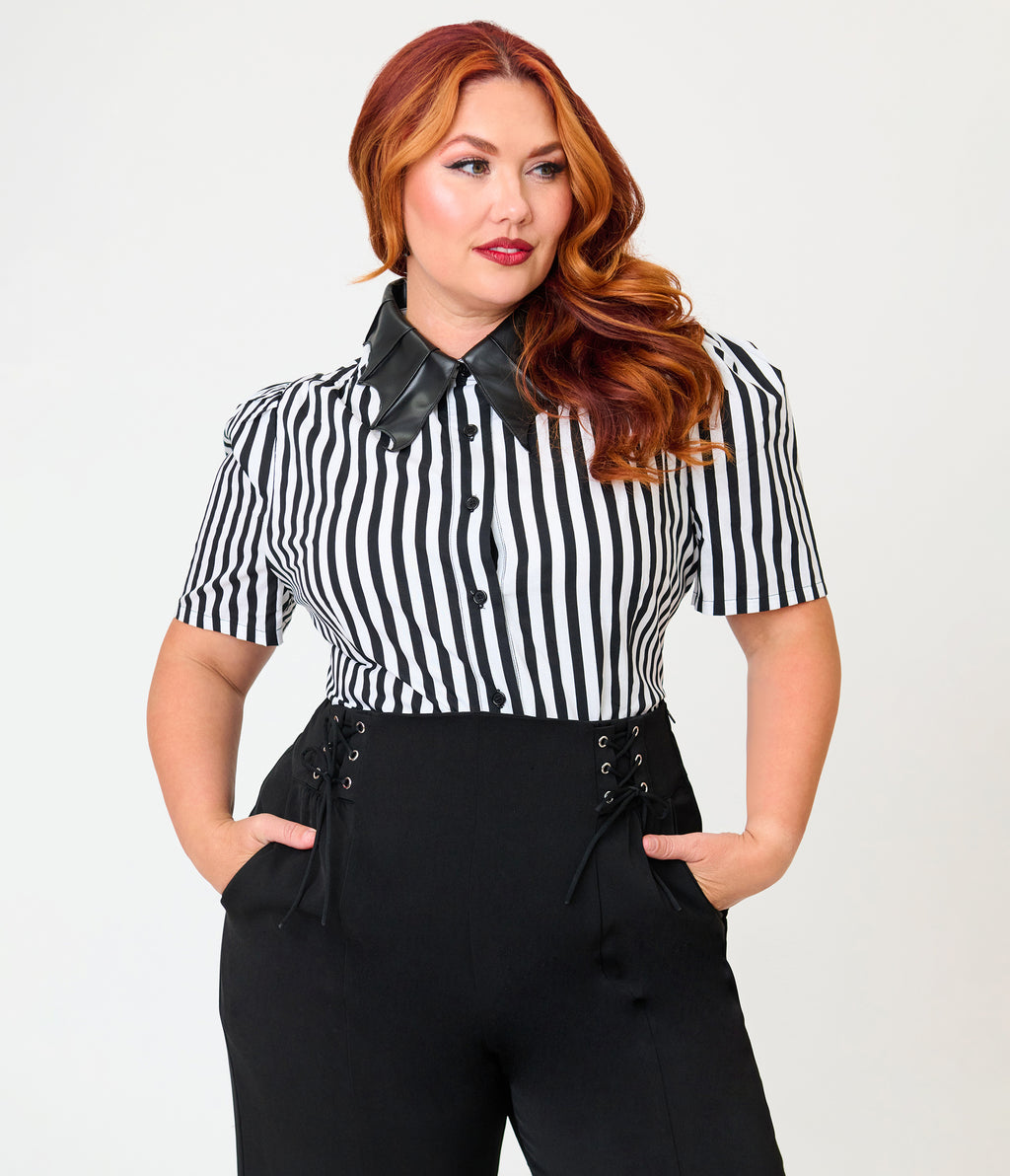 Unique Vintage Plus Size Black & White Stripe Bat Leather Collar Cotton Blouse