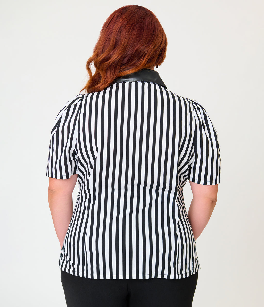 Unique Vintage Plus Size Black & White Stripe Bat Leather Collar Cotton Blouse