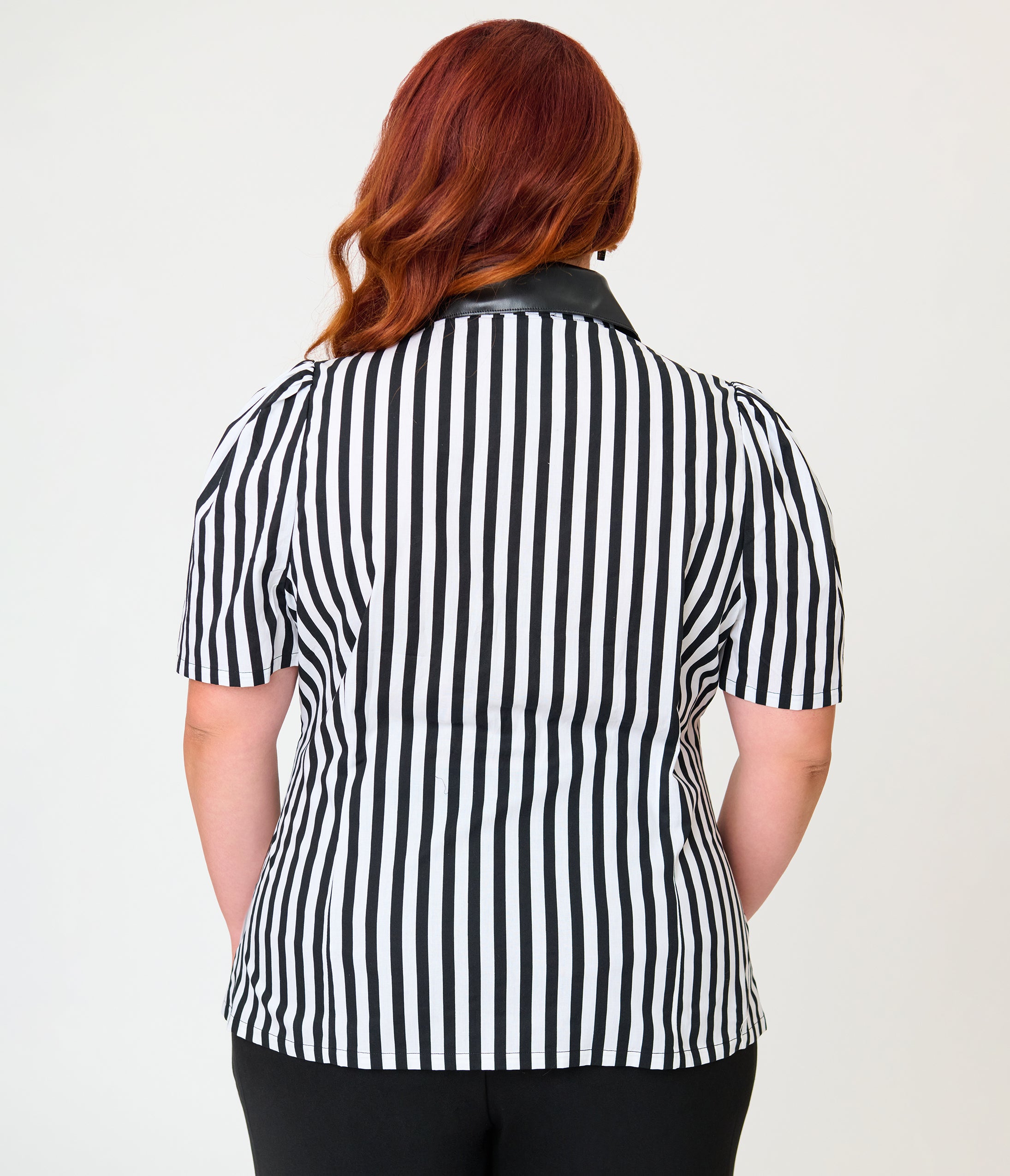 Unique Vintage Plus Size Black & White Stripe Bat Leather Collar Cotton Blouse