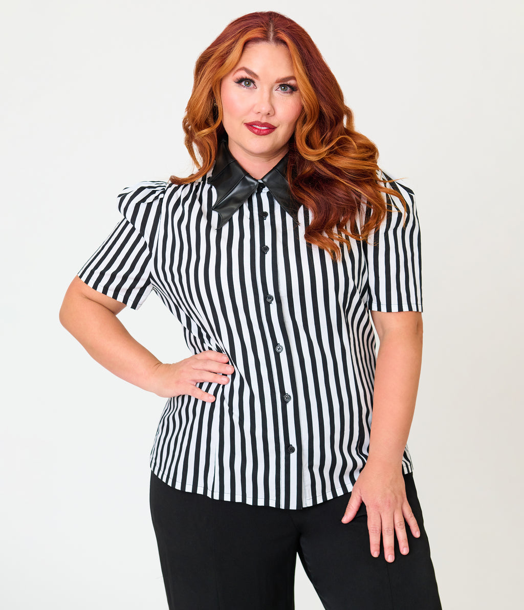 Unique Vintage Plus Size Black & White Stripe Bat Leather Collar Cotton Blouse