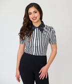 Unique Vintage Black & White Stripe Bat Leather Collar Cotton Blouse