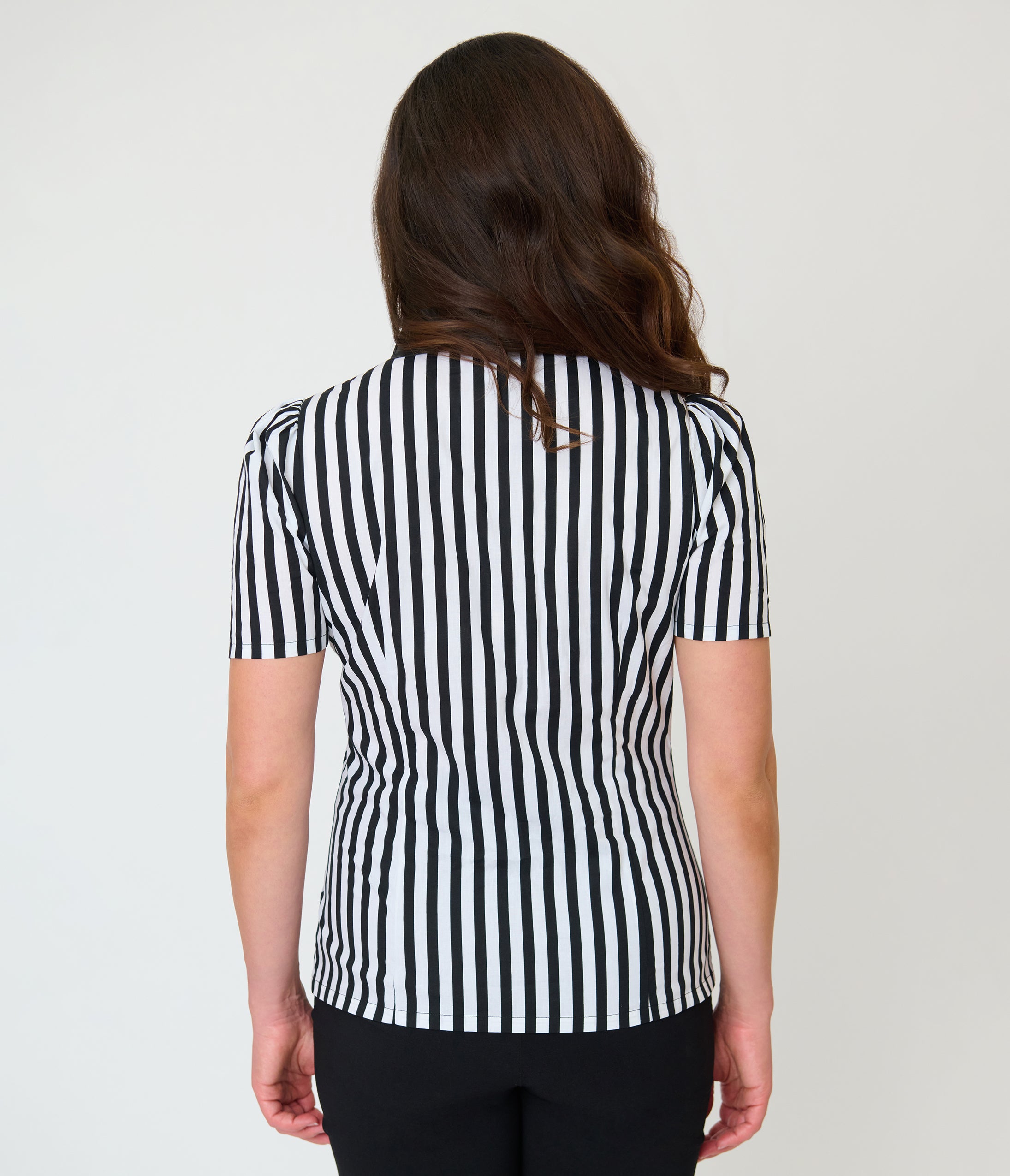 Unique Vintage Black & White Stripe Bat Leather Collar Cotton Blouse
