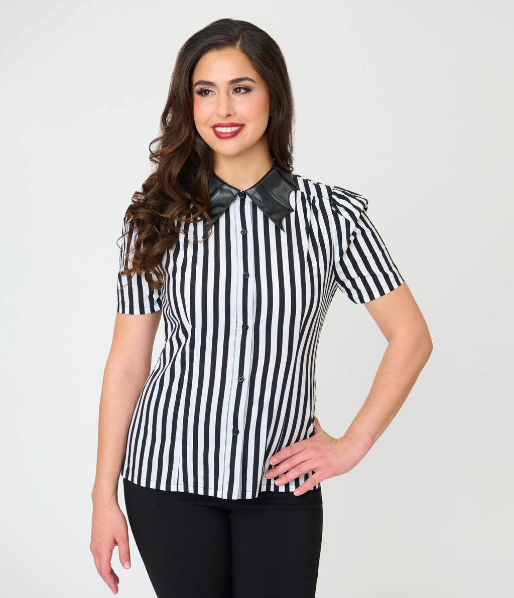 Unique Vintage Black & White Stripe Bat Leather Collar Cotton Blouse