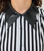 Unique Vintage Black & White Stripe Bat Leather Collar Cotton Blouse