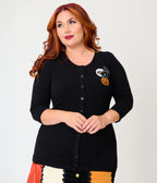 Unique Vintage Plus Size Black Cat & Pumpkin Embroidered Cardigan