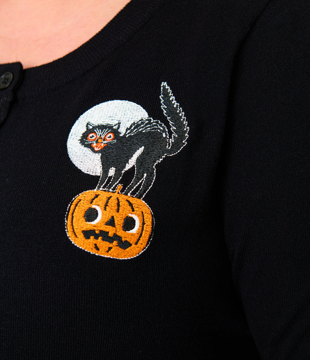 Unique Vintage Plus Size Black Cat & Pumpkin Embroidered Cardigan