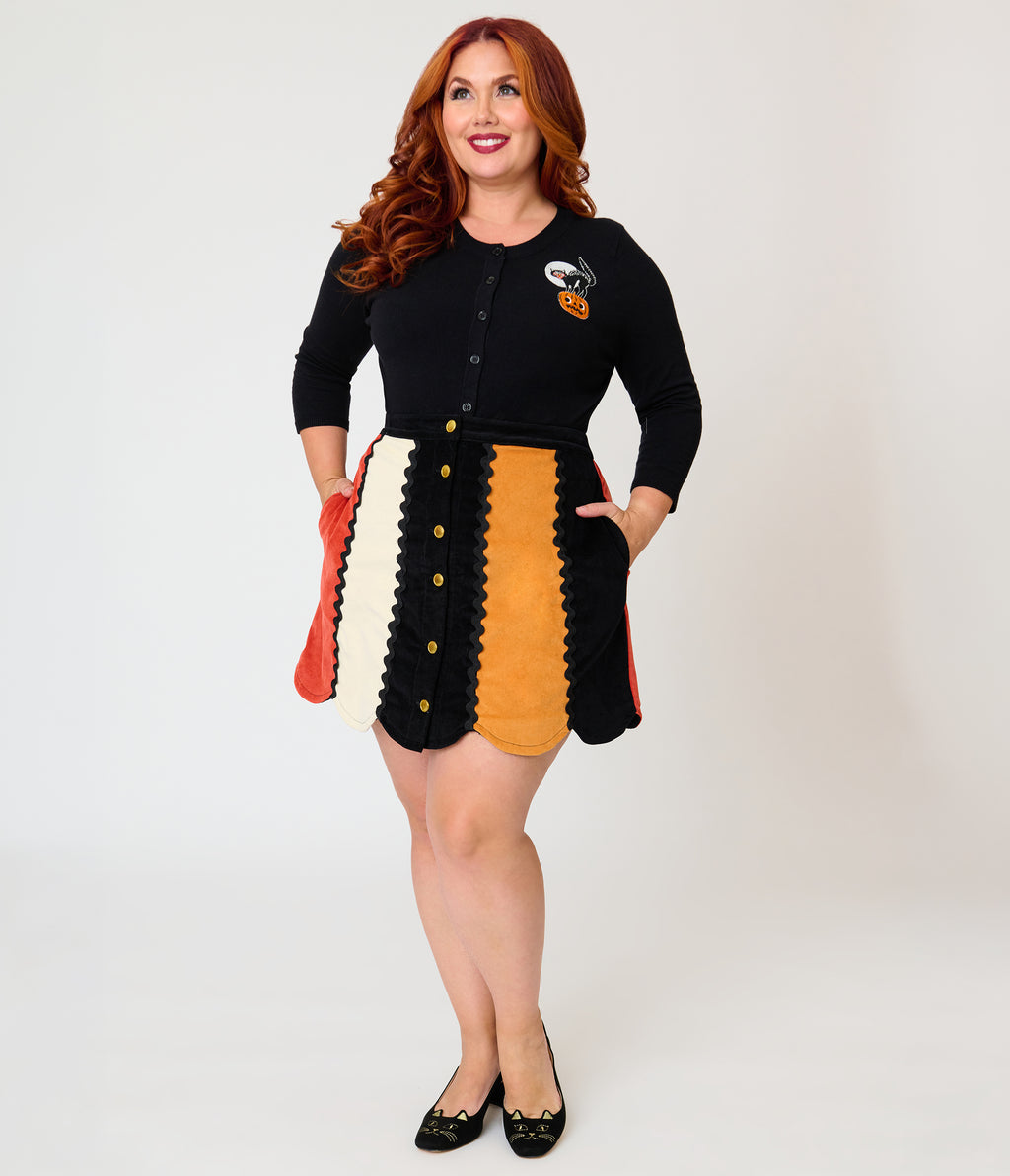 Unique Vintage Plus Size Black Cat & Pumpkin Embroidered Cardigan