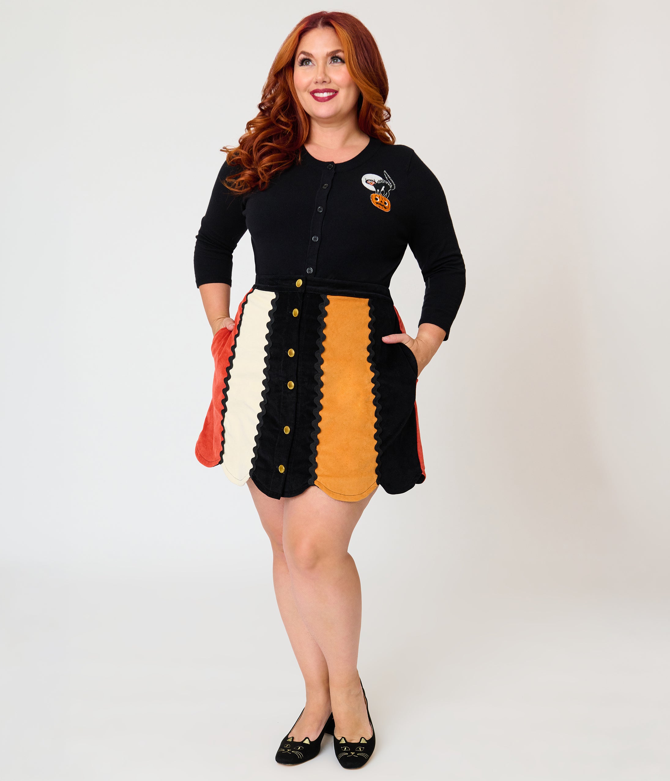 Unique Vintage Plus Size Black Cat & Pumpkin Embroidered Cardigan