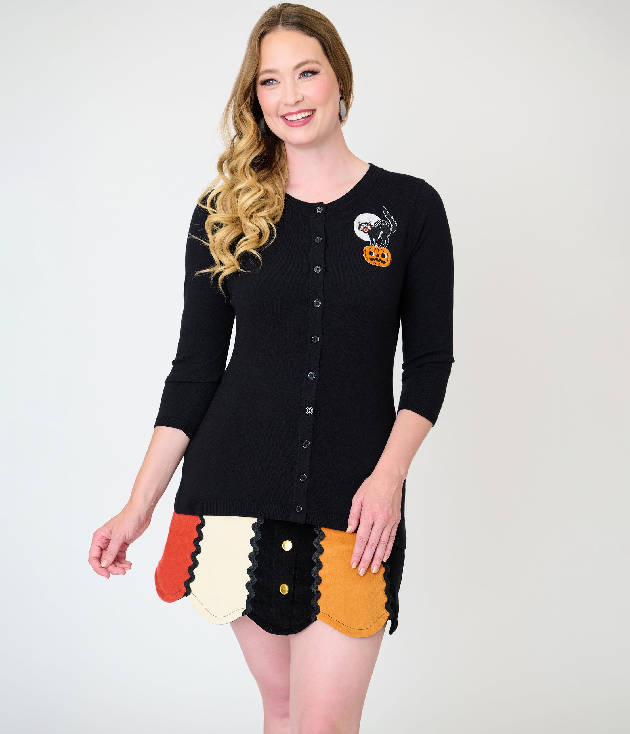 Unique Vintage Black Cat & Pumpkin Embroidered  Cardigan